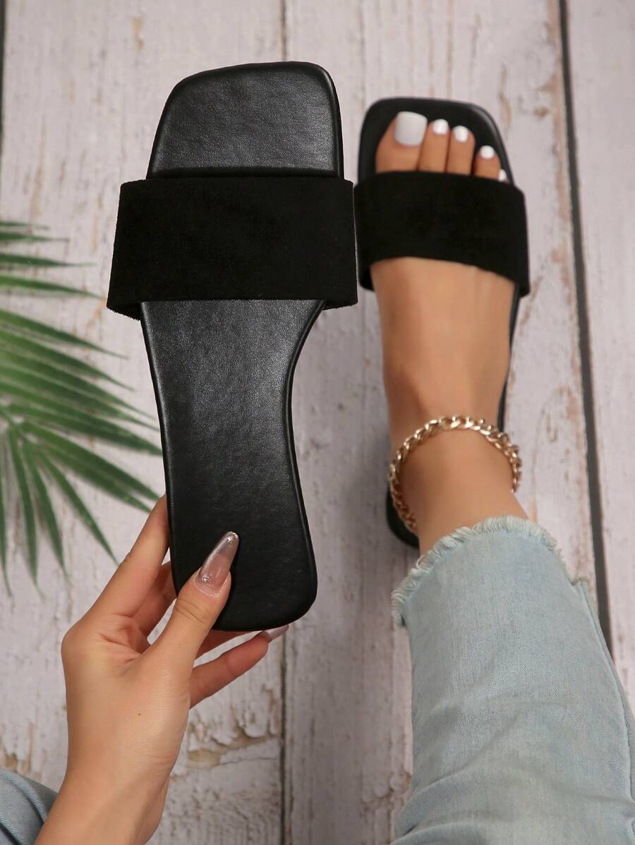 Women Single Band Open Toe Slide Sandals, Elegant Solid Outdoor Faux Suede Flat Sandals - Black - View 1
