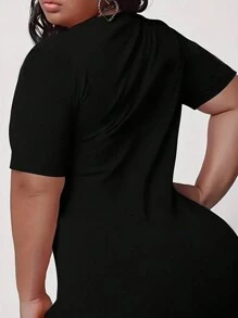 Calvaya Plus Size Summer Casual Short Sleeve T-Shirt With Hand And Letter Print - Black - View 2