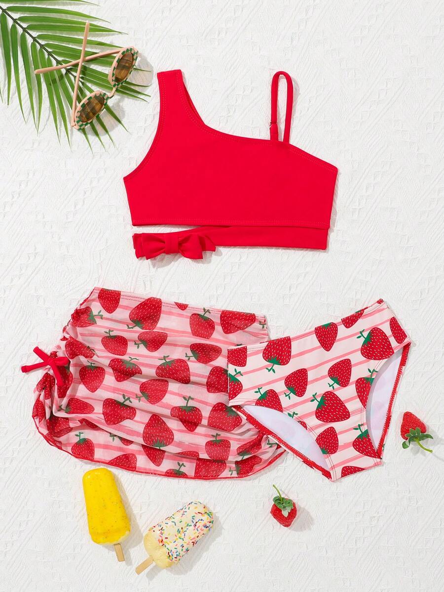 SHEIN Young Girl Solid Color Top & Strawberry Print Bottom Swimwear Set - Red - View 1