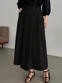 FRIFUL Women's Black Knee Length Skirt With Pockets - Black - View 4