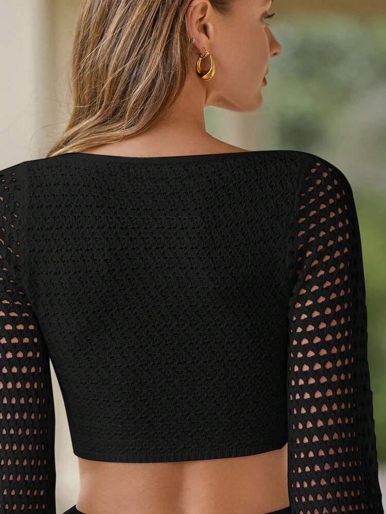 Summer Casual Hollow Out Knitted Cropped Tie Front Top