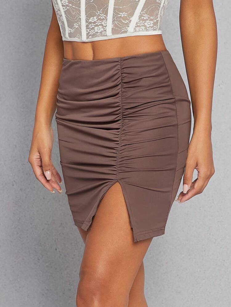 Solid Fashion Ruched Split Hem Skirt