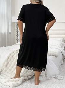 Große Größen Lässig Spitzenbesatz V-Ausschnitt Nachthemd, langes Kleid, Urlaub