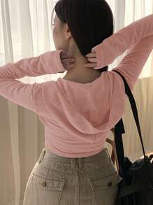 DAZY Của phụ nữ Màu thuần Dây kéo mặt trước Ngắn Thon gọn Hoodie Với Tay áo dài , Thích hợp Cho mùa xuân Và Mùa thu - Màu Hồng baby - Xem 2