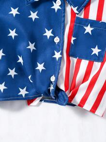 SHEIN 少女返校季休閒度假美國國旗印花短袖扭結前立領襯衫，夏季 - 藍色 - 查看 4