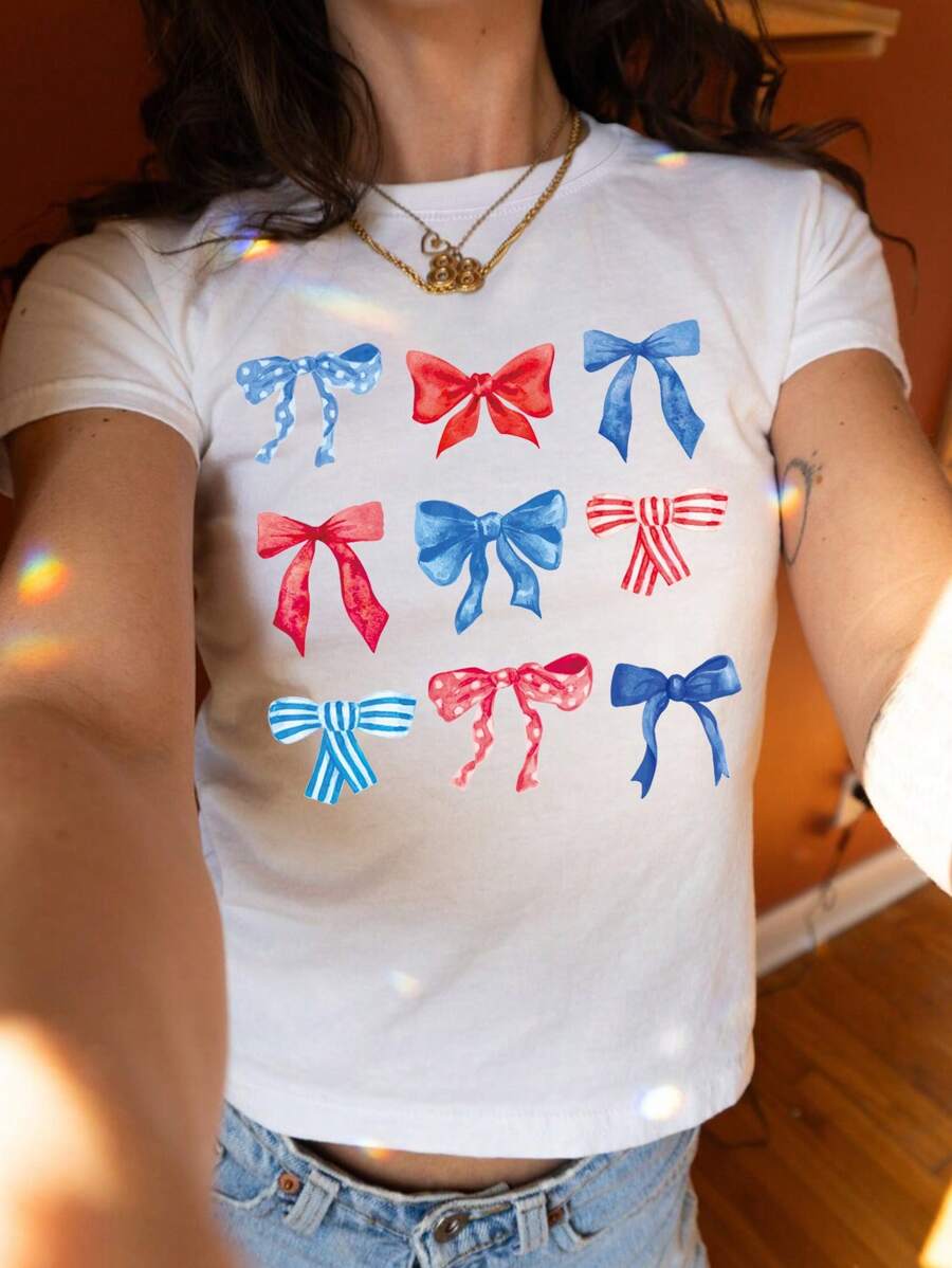 INAWLY Camiseta Casual De Mujer Para El Verano Con Mangas Cortas Y Cuello Redondo, Estampado De Lazo Y Flor