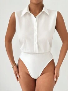 Chiquease Của phụ nữ Mùa hè Màu thuần Không tay Áo sơ mi Bodysuit - trắng - Xem 6