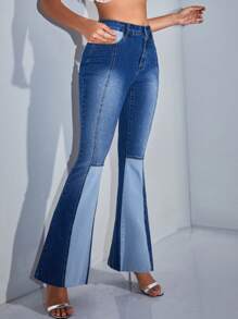 SHEIN BAE Women's Stretch High Waist Patchwork Denim Flared Pants&Summer Clothes&Festival Outfits - Blue - View 5