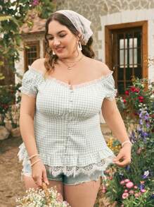 Dreamara 大尺碼夏季假期浪漫格子蕾絲修飾後綁蝴蝶結上衣,帶有花邊 - 彩色 - 查看 5