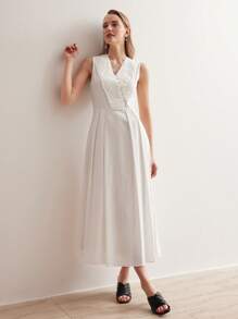 MOTF PREMIUM Dệt Của phụ nữ Cổ chữ V Xếp nếp Đầm - trắng - Xem 8