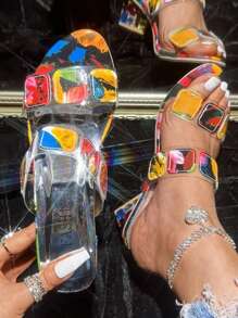 Women's Floral Open Toe High Heel Slippers - Multicolor - View 8