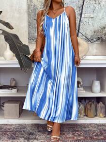 SHEIN Holidaya 大尺碼彩色條紋假期風格背心裙 - 藍色 - 查看 4