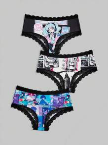 ROMWE 3pcs/Set Japanese Anime Printed Lace Trimmed Triangle Panties - Multicolor - View 1