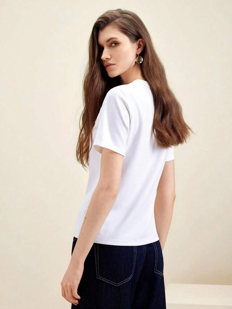 Women Elegant Daily Asymmetric Hollow Out Embroidered Butterfly Design White Fitted T-Shirt