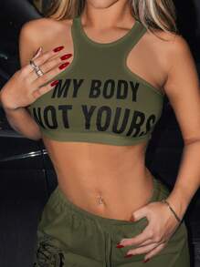 SHEIN ICON 夏季字母印花修身型短襯衫背心上衣 - 軍綠色 - 查看 8