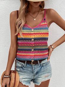 Breezaya Women's Color Block Braided Texture Buttoned Tank Top, Perfect For Summer And Vacation - Multicolor - View 1