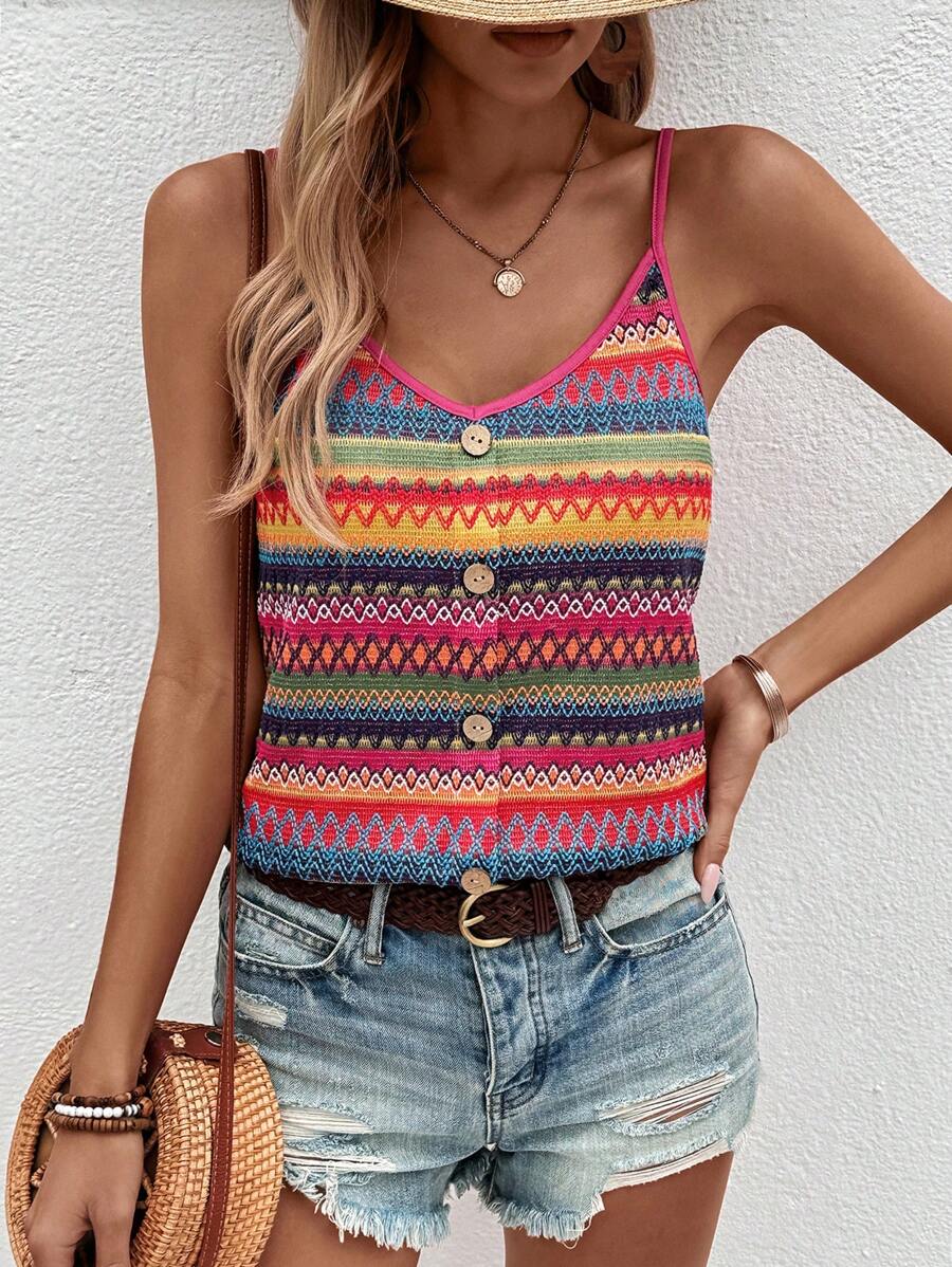 Breezaya Women's Color Block Braided Texture Buttoned Tank Top, Perfect For Summer And Vacation - Multicolor - View 1