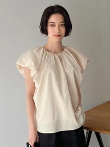 FRIFUL Ladies' Spring & Summer Solid Color Textured Puff Sleeve Casual Shirt,Crop Tops Women