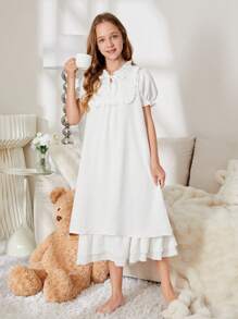 Tween Girl Simple And Elegant Plain Bubble Sleeve Sleep Dress With Ruffle Hem And Decorative Edge - White - View 1