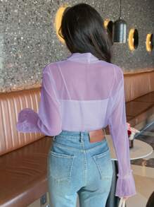 DAZY Women's Solid Color Collared See-Through Shirt With Tie Detail Long Sleeve Women - Purple - View 3