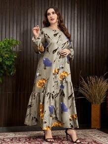 Mulvari Plus Size Spring Casual Flower Printed Lantern Sleeve Dress - Army Green - View 4