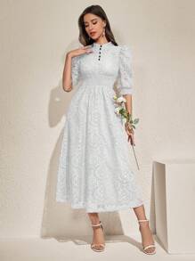 Modelyn Women's Bubble Sleeve Gathered A-Line Dress Maxi Women Outfit Long Evening Dresses - White - View 7