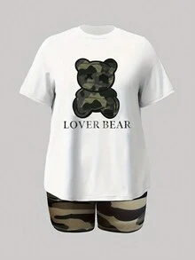 SHEIN Slayr Bộ quần short in họa tiết gấu & chữ cỡ lớn & bộ đồ ngủ họa tiết rằn ri - trắng - Xem 3