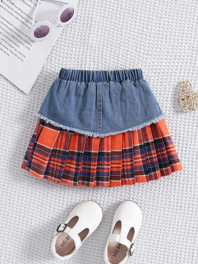 Baby Girl Frayed Denim And Plaid Pleated Skirt With Washed Design
