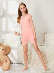 Tween Girl Contrast Trim Round Neck Top And Shorts Casual Underwear Set