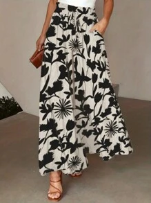 EMERY ROSE Của phụ nữ Kỳ nghỉ Phong cách Thực vật In Quần ống rộng Với Túi - màu đen - Xem 1