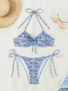 SHEIN Swim Women's Halter Floral Print Bikini Set For Holiday, With Neck Tie And Separated Bottom Summer