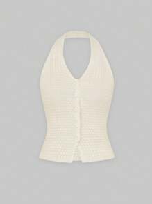 Sweetra Của phụ nữ Kết cấu Chất vải Halter Neck Knit ngọn - Màu be - Xem 1