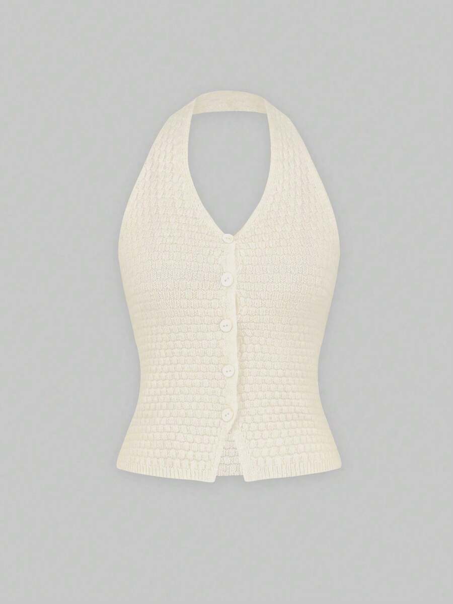 Sweetra Của phụ nữ Kết cấu Chất vải Halter Neck Knit ngọn - Màu be - Xem 1