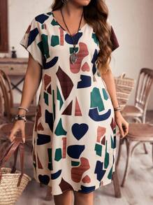 EMERY ROSE Vestido De Verano De Talla Grande Para Mujer Con Estampado Geométrico, Cuello En V, Manga Murciélago Y Corte Recto - Multicolor - Ver 3