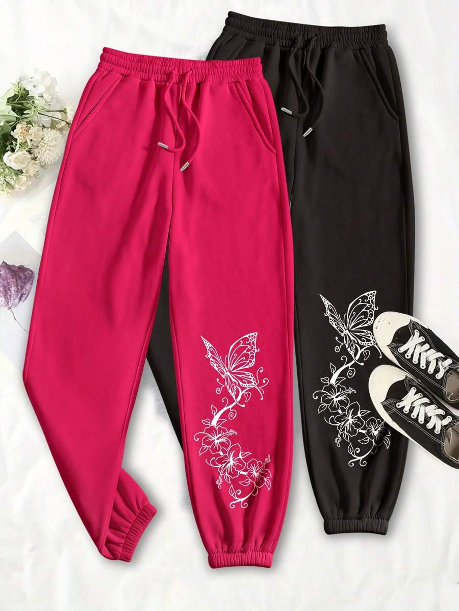 Quần Jogger họa tiết bướm có dây rút eo bằng vải nỉ thời trang đa năng 2 chiếc - Màu Hồng Tươi - Xem 1