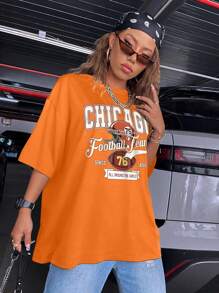 SHEIN Unity Lỏng lẻo phù hợp Tay áo ngắn Áo thun Với In thư Cho mùa hè - trái cam - Xem 5