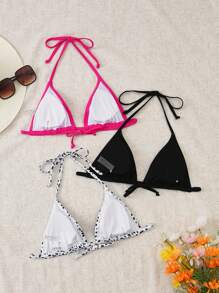 Swim Basics Women's Fashionable Solid Color & Polka Dot Bikini Top For Summer Beach Swimming