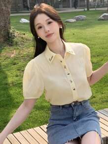 DAZY Women's Spring/Summer Floral Embroidery Bubble Sleeve Shirt - Apricot - View 6