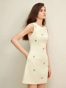 Anewsta Casual Jewel Neckline Seashell Edge Bodycon Dress Adorned With Rhinestone - Yellow - View 5