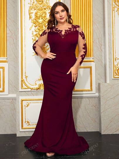 YISIKADO Plus Size Women's Elegant Fish Tail Evening Dress With Nude Mesh & Lace Flower Detail And Long Sleeves, Perfect For Prom, Wedding Guest Dress Party Dress Formal Dress,Gown