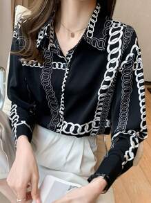 2025春季新款宽松印花个性衬衫 - 长袖时尚通勤雪纺圣诞衬衫（女款）休闲 - 黑色 - 查看 5