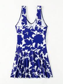 Swim Lushoire Summer Beach V-Neck Dress Swimsuit, Random Print Swim Dressblue Floral Dress