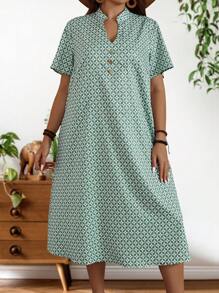 EMERY ROSE 大尺碼女士夏季綠色幾何圖案短袖鈕扣裝飾連衣裙 - 綠色 - 查看 6