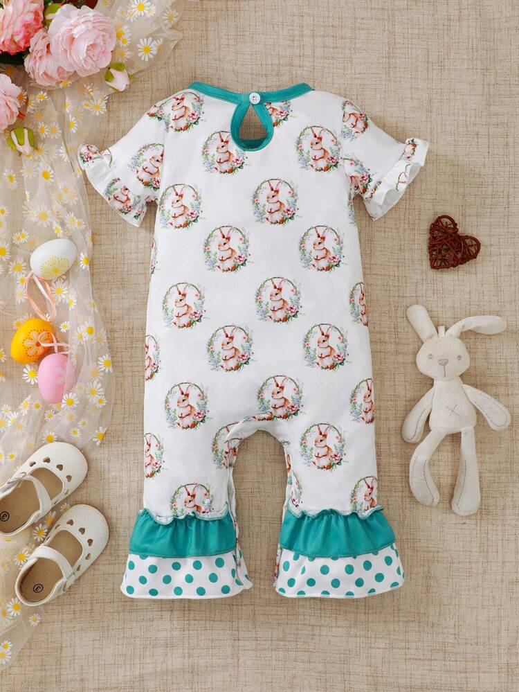 Baby Girl Summer Round Neck Cartoon Rabbit Printed Short Sleeve Jumpsuit With Ruffle Trim