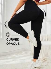 Easithlete 大碼素色寬腰帶運動打底褲 - 黑色 - 查看 5