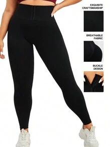 Easithlete 大碼素色寬腰帶運動打底褲 - 黑色 - 查看 8