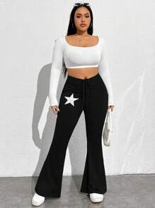 CovetEZ 大码星形印花褶皱喇叭裤，适合休闲穿着 - 黑色 - 查看 4