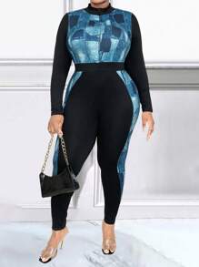 Maweii Plus Size Denim Effect Splicing Long Sleeve Skinny Jumpsuit - Multicolor - View 4