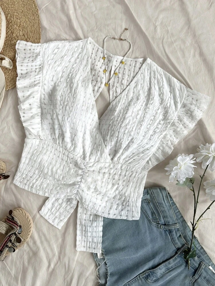 Plus Size White Textured Flutter Sleeve Loose-Fit Shirt With Back Tie Detail For Casual & Vacation Beach Essentials Beach Women Best Sellers Babydoll Top Blouse Going Out Clothes Babydoll Summer Shirts Summer Fits Cute V-Neck Textured Gathered Pleated Shirt