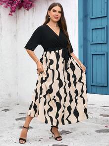 SHEIN Clasi Plus Size Color Block V-Neck Spring Summer A-Line Dress - Apricot - View 4